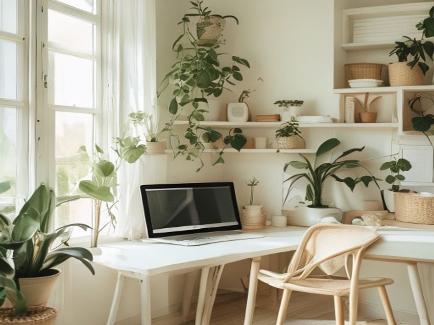 Ljust kontor med växter och naturligt ljus